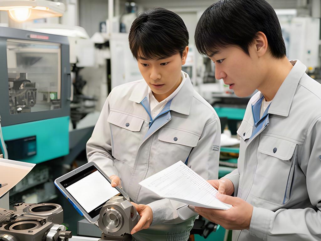 製造現場で検査部品と品質記録を確認する担当者