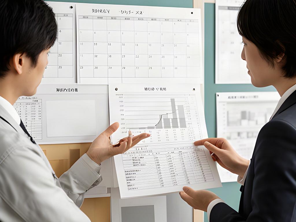 業務量の計画資料を見ながら担当者同士で見通しを確認する様子